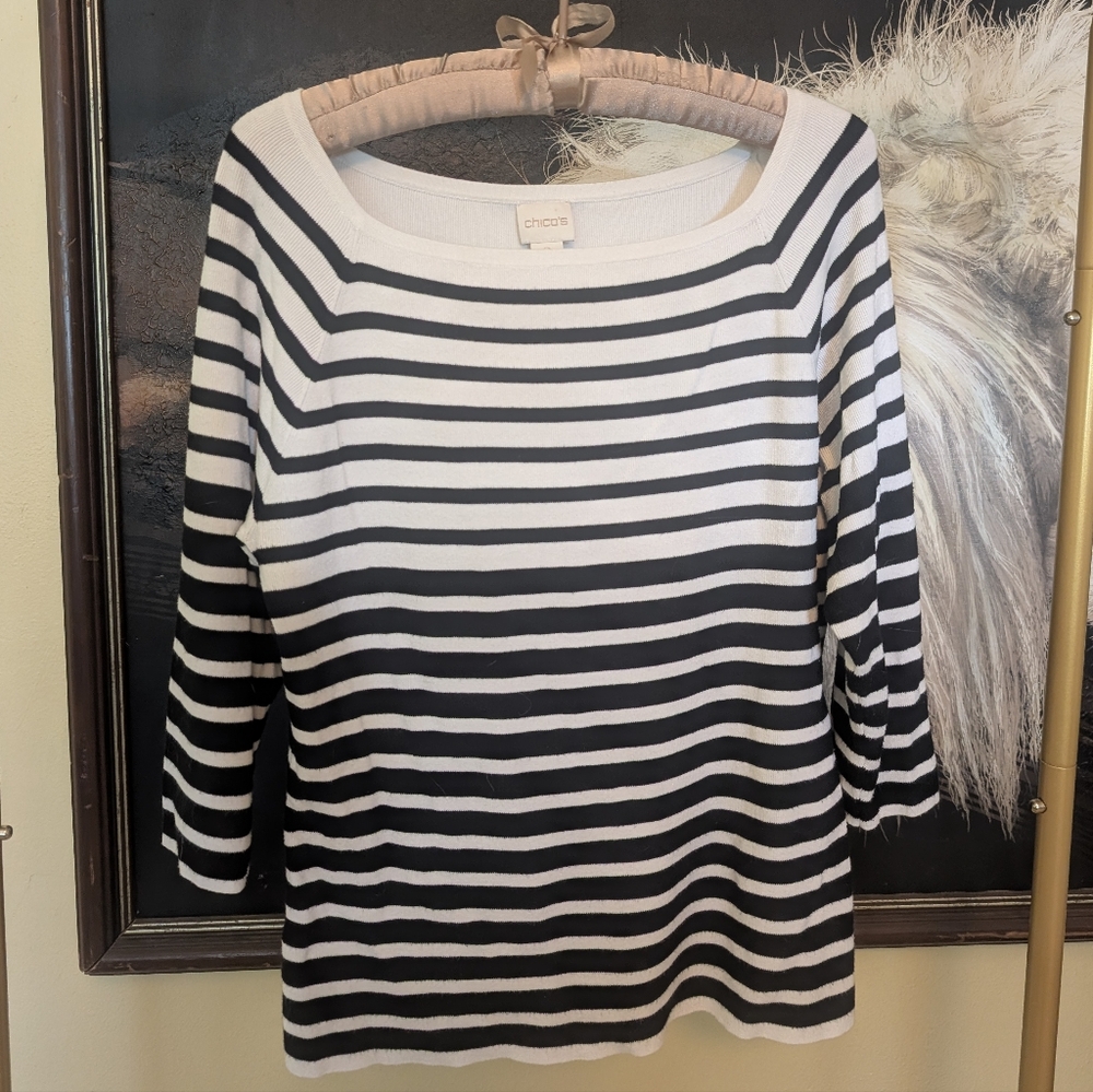2/$20 Chico's Black and White Striped Boat neck Sweater